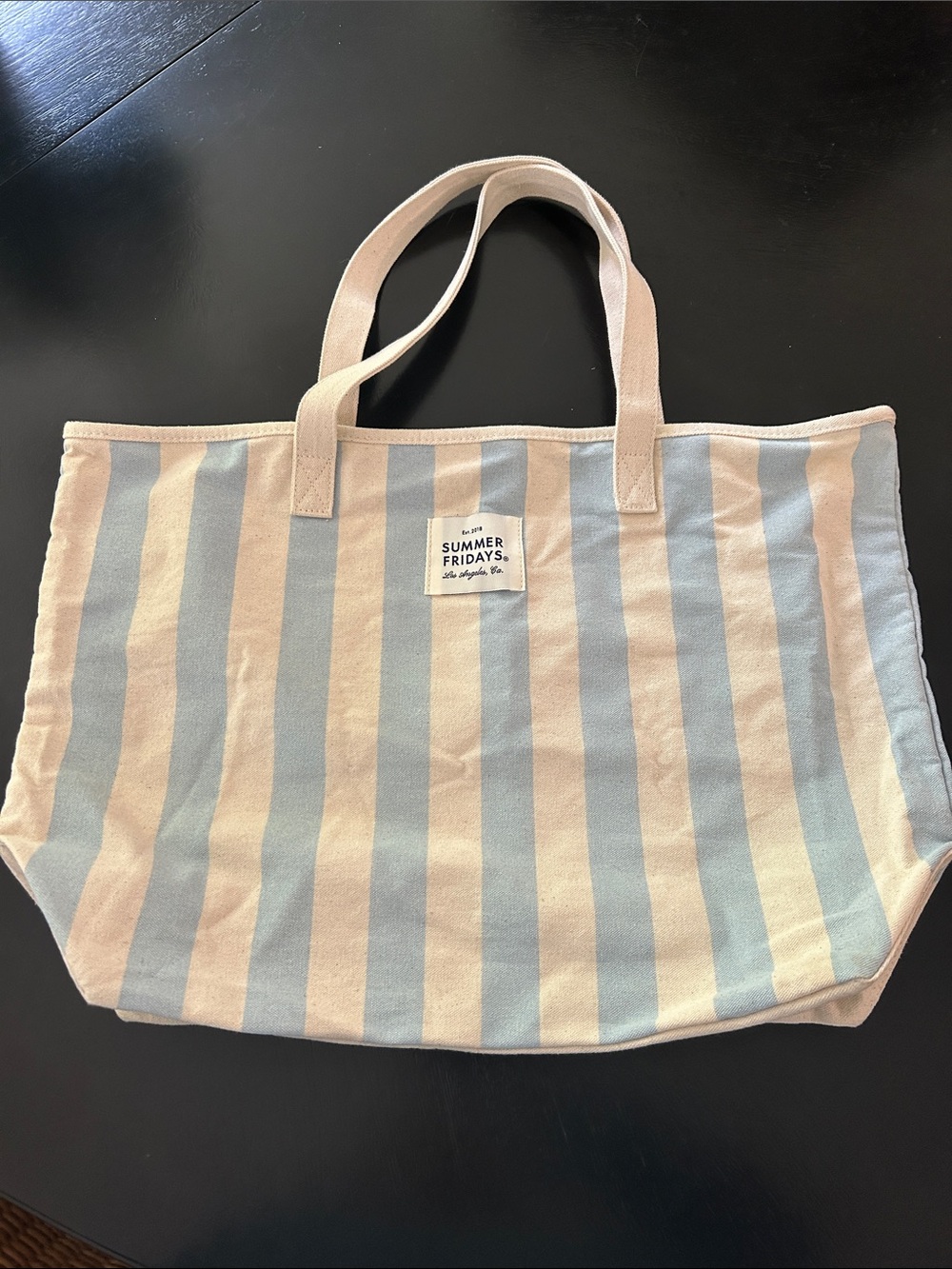 Summer Fridays Light Blue and Cream Striped Canvas Tote